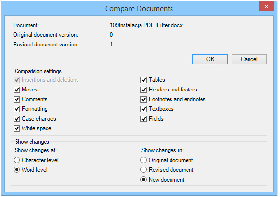 The image shows the document comparision option